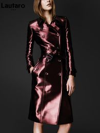 Women's Jackets Lautaro Spring Autumn Long Shiny Reflective Patent Leather Trench Coat for Women Belt Double Breasted Cool European Fashion 230313