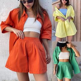 Women's Two Piece Pants Casual Summer Tracksuit Female Two Piece Set Solid Colour Turn-Down Collar Short Sleeve Shirt Tops And Loose Mini Shorts Suit 230311