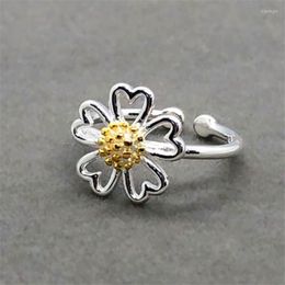 Cluster Rings Promotion Ethnic Plant Hollow Flower Golden Cute Daisy Opening Adjustable Ring 925 Sterling Silver Jewelry For Women Female