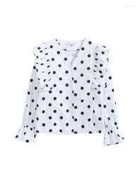 Women's Blouses Ruffle V-neck Black White Polka Dots Loose Sleeve Shirt Women Spring Autumn Vintage Office Girl Simple Design Thin Blouse