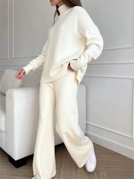 Women's Two Piece Pants Autumn Winter 2 Pieces White Women Sets Knitted Tracksuit Turtleneck Sweater and Straight Jogging Suits Ladies 230313