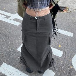 Skirts Grey Street Drawstring Split Long Skirt Women High Waist Fashion Korean Basic Cargo Skirts Lady Harajuku Y2K Outfits 230313