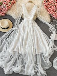 Casual Dresses Summer Beach White Chiffon Maxi Dress For Women Elegant Vestidos Female Tie Sexy Waist High-end Travel Cover Up