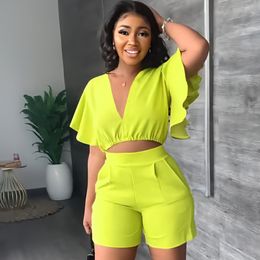 Women's Two Piece Pants Fashion Two Piece Sets for Women Tracksuit Sexy V Neck Ruffled Sleeve Crop Top Pockets Shorts Suits Summer Casual Outfits 230313