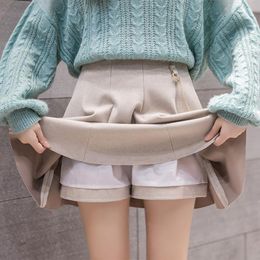 Skirts Beige apricot woolen plaid pleated skirt women autumn high waist slim A-shaped fluffy umbrella skirt blackt lovely short skirt 230313