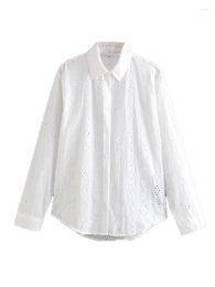 Women's Blouses Nlzgmsj ZBZA Women Fashion Hollow Out Embroidery Loose White Blouse Vintage Long Sleeve Button-up Female Shirts Chic Top