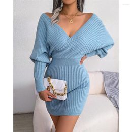 Casual Dresses Fashion Women Batwing Sleeve V-Back Sweater Dress 2023 Autumn Winter Long Sexy Mini Bodycon Female Clothes