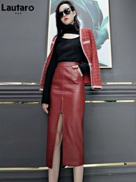 Skirts Lautaro Long Soft Faux leather pencil skirt women with front slit pockets High waisted midi skirts for women wine red skirt 230313