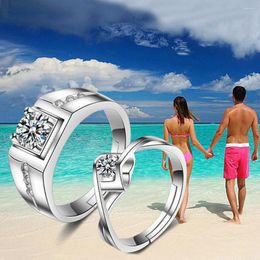 Wedding Rings 2PCS Fashion Copper Plated Silver Resizeable Open Crystal Couple Ring Set Finger Sweethearts Jewellery Wholesale