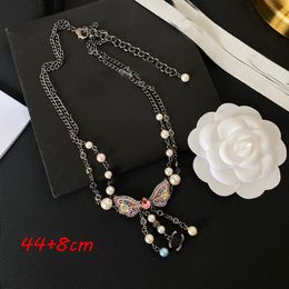 18K Gold Plated Brass Copper Pendant Necklace LUXURY Women Designer Brand C-Letter Colorful Rhinestone Pearl Necklaces Choker Chain Wedding Jewelry Love Gifts