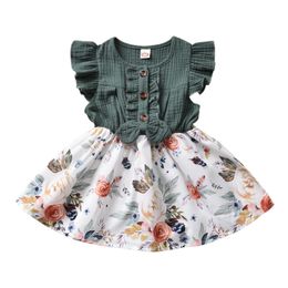 Dopklänningar Citgeett Summer 1-5 år Baby Girls Dress Bowknot Flowers Print Ruffles Sleeve Knee Patchwork Längd A-Line Dress 230313