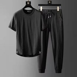 Men's T-Shirts Men's Cotton and Linen Short Sleeve T-shirtAnkle Length Pants Set Solid ShirtTrousers Home Suits Male Plus Size M-4XL 230313