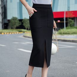 Skirts Summer Ladies Office Work Wear Elegant Split Midi Skirts Women High Waist Stretch Slim Black Pencil Skirt X400 230313