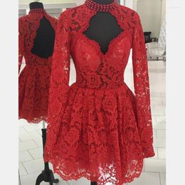 Party Dresses Short Prom High Neck Long Sleeves Red Full Lace Zipper Back Cocktail Dress Formal Evening Gowns