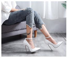 Dress Shoes Fashion Women's Summer High-heeled 13 Cm Metal Pointed Toe Stiletto Sexy Leather Paint T-stage