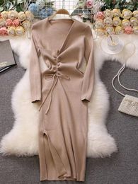 Casual Dresses Autumn Women Vintage Korean Sweater Knitted Elegant Draw String Bodycon Robes Slim Office Lady Midi Dress