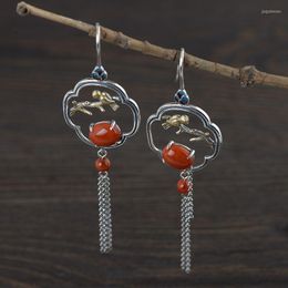 Dangle Earrings FNJ 925 Silver Bird Tassel For Women Jewelry Pure Original S925 Sterling Drop Earring Red Agate