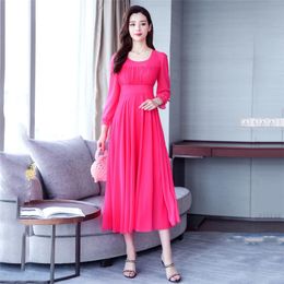 Casual Dresses Summer Dress Green 4XL Plus Size 2023 Spring Pink Elegant Slim Chiffon Long Sleeve Chic Vestidos Feminina JD37
