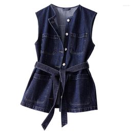 Women's Vests Women's Denim Vest Jacket 2023 Spring Autumn Solid Colour Sleeveless Waistcoat Jean Coat Mid Long Jackets Ladies Cowboy