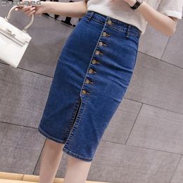 Skirts Vintage High Waist Denim Skirt For Women Summer Package Hip Jeans Skirt Single Button Split Bodycon Pencil Midi Skirts 230313