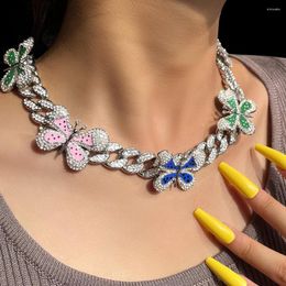 Chains Iced Out Full Rhinestone Enamel Butterfly Miami Cuban Link Necklace For Women Hiphop Bling Chunky Thick Choker Punk Jewely