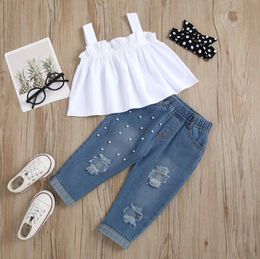 Kids Girls Clothes Sets White lace suspender top beaded ripped denim trousers 2pcs Set