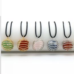 Natural Crystal Stone Net Pendant Copper Wire Wound Spring Irregular Amethyst Rose Quartz Charms Jewelry Making Necklace N001