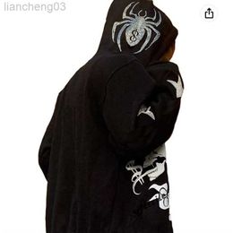 Men's Hoodies Sweatshirts Men Street Harajuku Y2k Trend Zip Hoodie Fashion Skull Rhinestone Spider Print Long Sleeve Loose Casual Sports Sweater Hoodies W0313