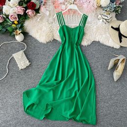 Casual Dresses Vintage Boho 2023 Sexy Midi Long Dress Women Elegant Summer Party Robe High Waist A-line Beach Holiday Green/Pink