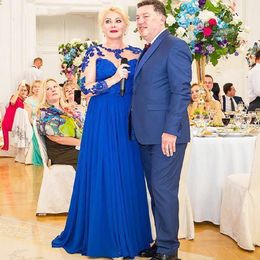 Royal Blue Lace Chiffon Mother of the Bride Dress Plus Size Illusion Sleeve Sheer Neck Formal Afton Gowns Wedding Party