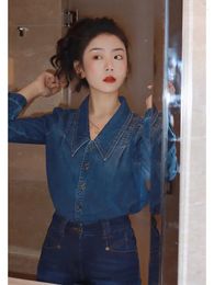Women's Blouses Vintage Single Breasted Chic Pointed Collar Denim Blouse Women Spring Autumn Loose Streetwear Top 2023 Fashion Jean Shirt