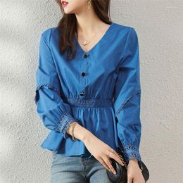 Women's Blouses Elegant Chic Lace Patchwork Tunic Slim Cotton Office Ladies Tops Spring Fall Korean Fashion V Neck Long Sleeve Blue Blouse