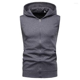 Men's Hoodies 2023 Mens Cube Pattern Fashion Sleeveless Jacket Sweatshirt Solid Zipper Coats Casual Sports Hooded Vest Coat Tops