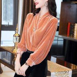 Women's Blouses Long Sleeve Top Shirt Korean Fashion For Women T-shirt V-neck Lantern Slimming Luxury Designer Clothing