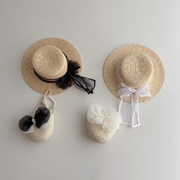 Caps Hats Korea Kids Straw Hat With Bag Summer Baby Sun Hat Girls Lace Bow Beach Hat Flat-top Children Panama Caps 230313