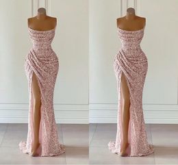 Bling Bling Pink Mermaid Prom Dresses Straplesss High Split Draped Pleats Sweep Trian Engagement Formal Evening Pageant Birthday Party Gowns Custom