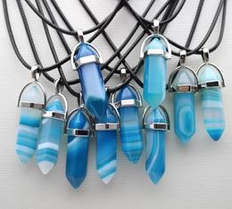 Natural Stone Hexagonal Prism Shape Stripe Agate Pendant Necklaces Reiki Healing Crystal Charms Necklace for Women Jewellery C001