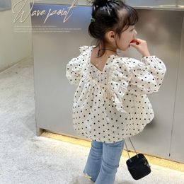 Clothing Sets 3-7Y Girls Clothing Set Autumn Spring Long Sleeve Polka Dot Shirt Top Jeans Denim Pants Toddler Girl Clothes Chirldren Clothes 230313