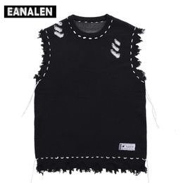 Men s Vests Harajuku tattered fringed sweater vest women s y2k Vintage korean oversized knitted ugly sleeveless men s aesthetic 230313