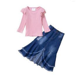 Clothing Sets Toddler Kids Girls 2 Pieces Outfits Solid Colour Round Neck Long Sleeve Tops Ripped Fishtail Denim Skirt Set