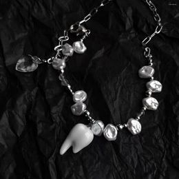 Chains Niche Design Creative Necklace Lovely Teeth Shaped Beads Pearl Stitched Clavicle Chain Y2K