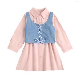 Girl Dresses Toddler 2Pcs Fall Outfits Long Sleeve Button Down Shirt Dress Tie Up Vest Set