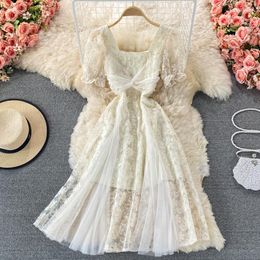 Casual Dresses 2023 French Square Neck Lace Dress Elegant Women Summer Short Sleeve Mesh Pearl A-line Slim Party Night Mid-Calf Ladies