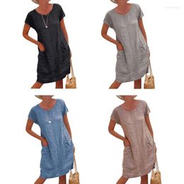 Casual Dresses Loose Dress Cotton Linen Pocket Round Neck Short Sleeve Vintage Women Summer Beach Travel Lightweight