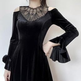 Casual Dresses Dark Wind Autumn Winter Lace Collar Dress Sexy Waist Lotus Sleeve Skirt Women Gothic