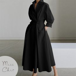 Casual Dresses S-5XL Korean Fashion Long Sleeve Shirt Dress Chic Turndown Neck Ruched Maxi Dress Women Autumn Winter Clothes Streetwear 230313