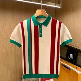 Men's T-Shirts Men Summer Fashion Lapel Short Sleeve Tops Men's Contrast Colour Stripe Polo Shirt Male Slim Casual Knitted T-shirt G154 230313