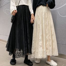 Skirts Elastic High Waist Lace Skirts Women Spring Summer Skirt Korean Elegant Casual A-line Black Apricot Long Maxi Skirts X091 230313