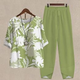 Women's Two Piece Pants Summer Sets Outfits O Neck Flower Print Loose Short Sleeve Shirt High Waist Suit 2023 230313