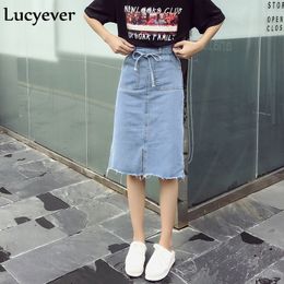 Skirts JMPRS Vintage washed denim women skirts Summer split Korean midi skirts solid casual preppy style sashes jeans skirts ladies 230313